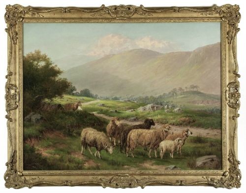 A 19th-century oil painting depicting a flock of sheep on a grassy hillside path with distant mountains, housed in a carved giltwood frame. View V