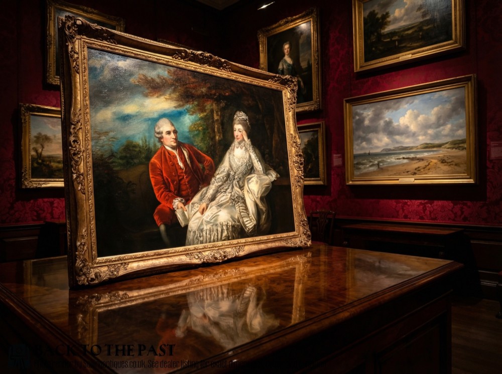 An 18th-century style oil painting depicting a seated man in a red velvet coat and a woman in an ivory gown, set in a carved gilt frame. View II