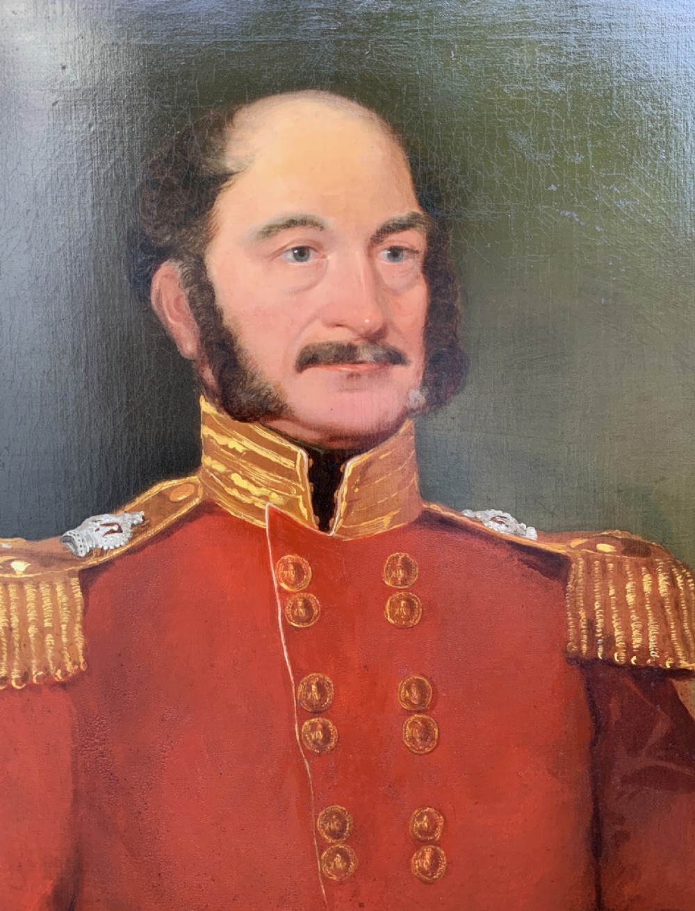 A nineteenth-century oil portrait depicting a military officer wearing a scarlet uniform coat with gold epaulettes, set within an ornate carved gilt wood frame. View III