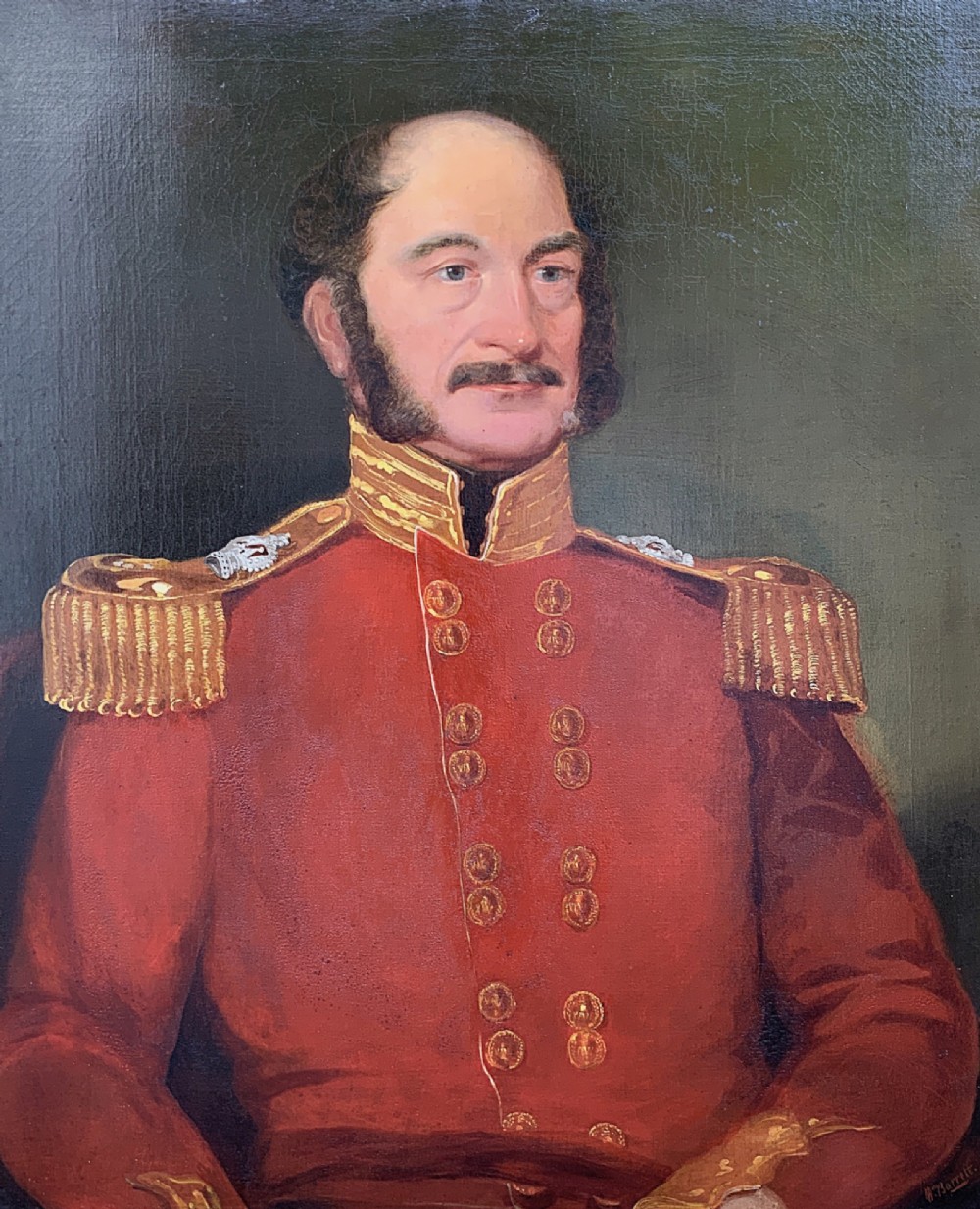 A nineteenth-century oil portrait depicting a military officer wearing a scarlet uniform coat with gold epaulettes, set within an ornate carved gilt wood frame. View X
