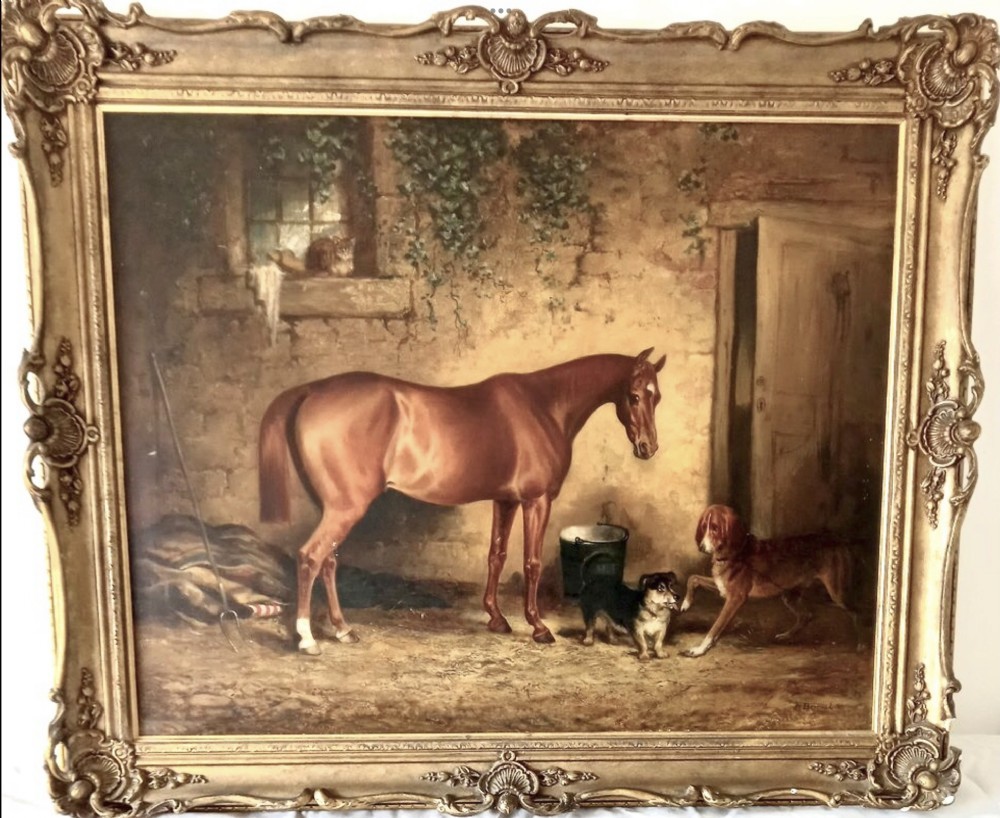 A nineteenth-century oil painting depicting a standing bay hunter horse in a stable courtyard alongside two dogs and a cat perched on a window sill. View IX