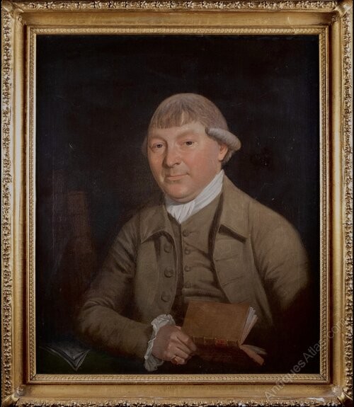 A mid-18th-century portrait painting depicting a gentleman wearing a wig, light coat, waistcoat, and white cravat against a dark background. View III