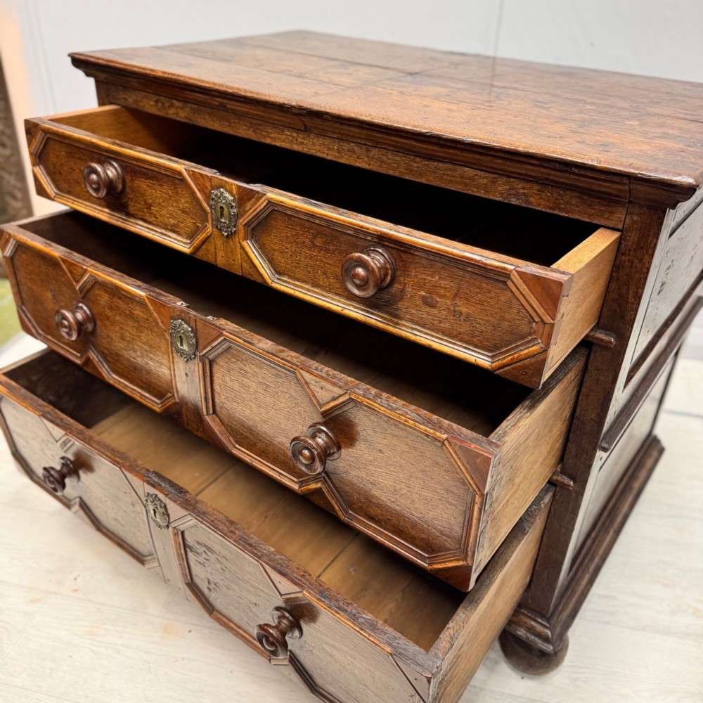 A seventeenth-century dark oak chest featuring three drawers decorated with geometric panel mouldings, wooden turned handles, brass escutcheons, and bun feet. View VIII