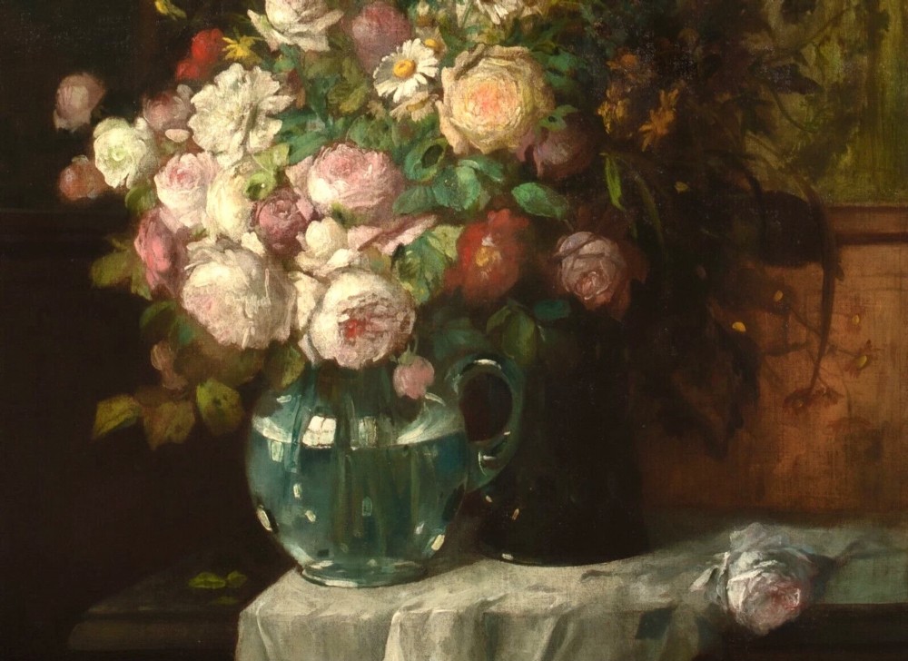A 19th-century oil painting on canvas featuring a prominent vase of white and pink flowers on a draped tablecloth, set within an ornate silvered carved frame. View VII