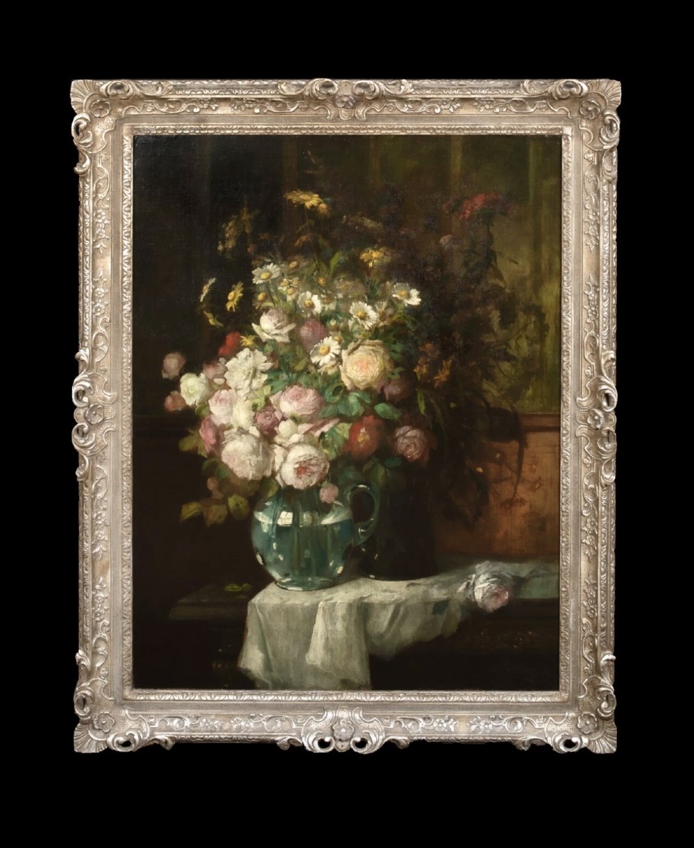 A 19th-century oil painting depicting an arrangement of pink roses and white daisies in a green glass pitcher on a white draped table. View IX