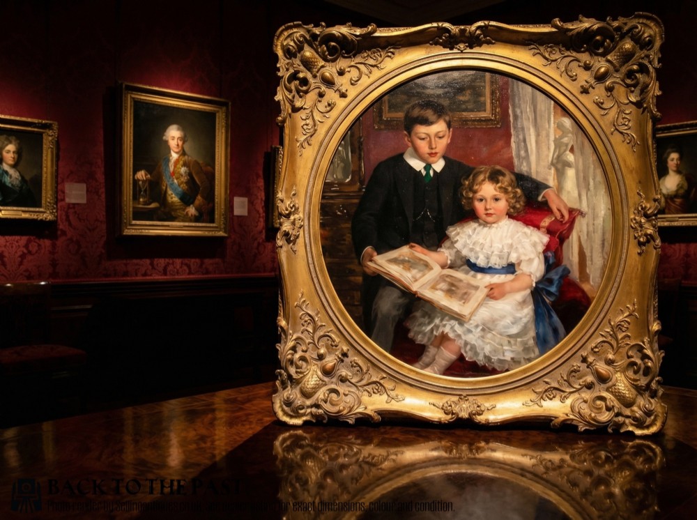 An Edwardian oil portrait painting depicting a young boy and girl reading a book together, presented within a square gilt frame featuring an oval aperture. View II