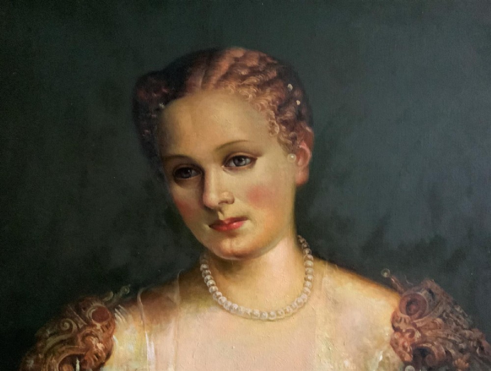 A framed oil portrait depicting a Venetian noblewoman wearing a dark gown, pearl necklace, and transparent veil, presented in a moulded gilded frame. View VI