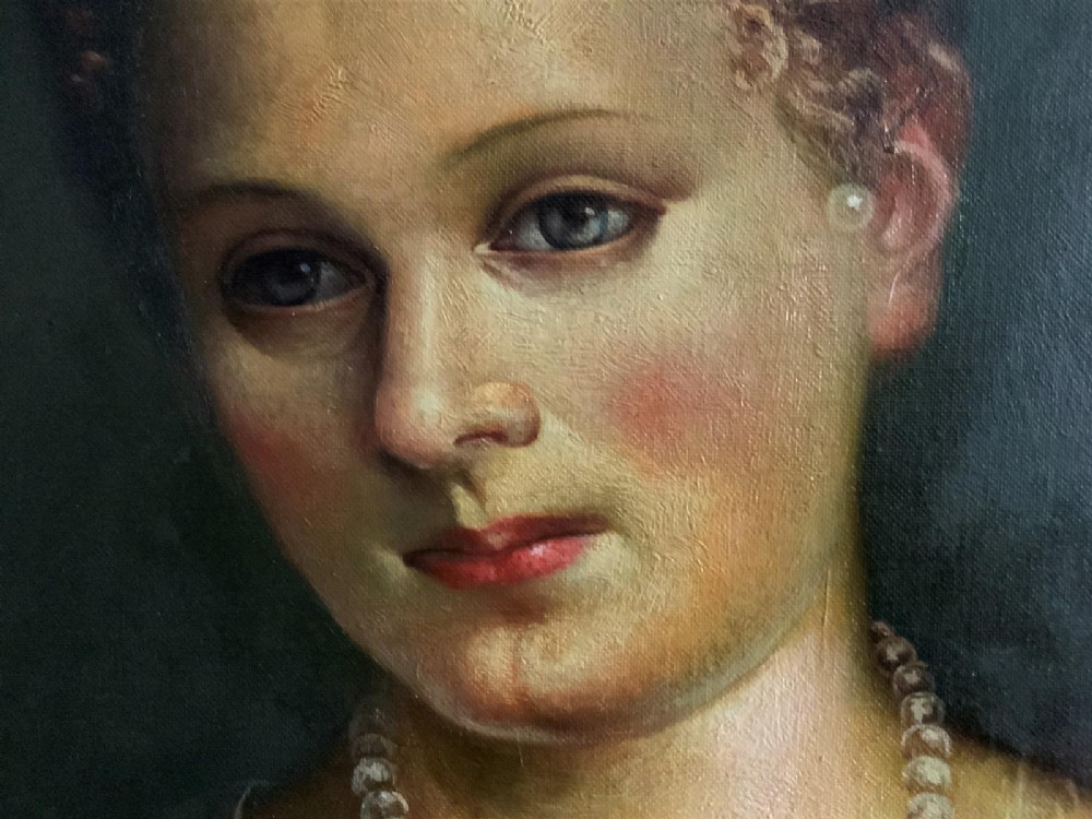 A framed oil portrait depicting a Venetian noblewoman wearing a dark gown, pearl necklace, and transparent veil, presented in a moulded gilded frame. View VII