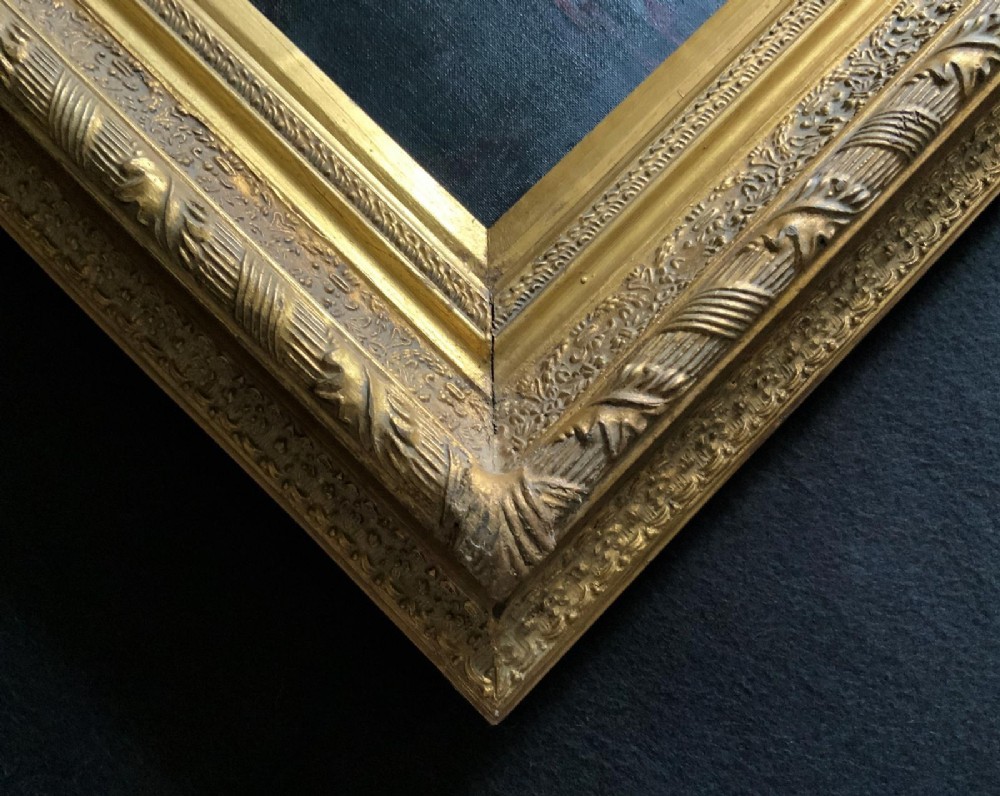 A framed oil portrait depicting a Venetian noblewoman wearing a dark gown, pearl necklace, and transparent veil, presented in a moulded gilded frame. View X
