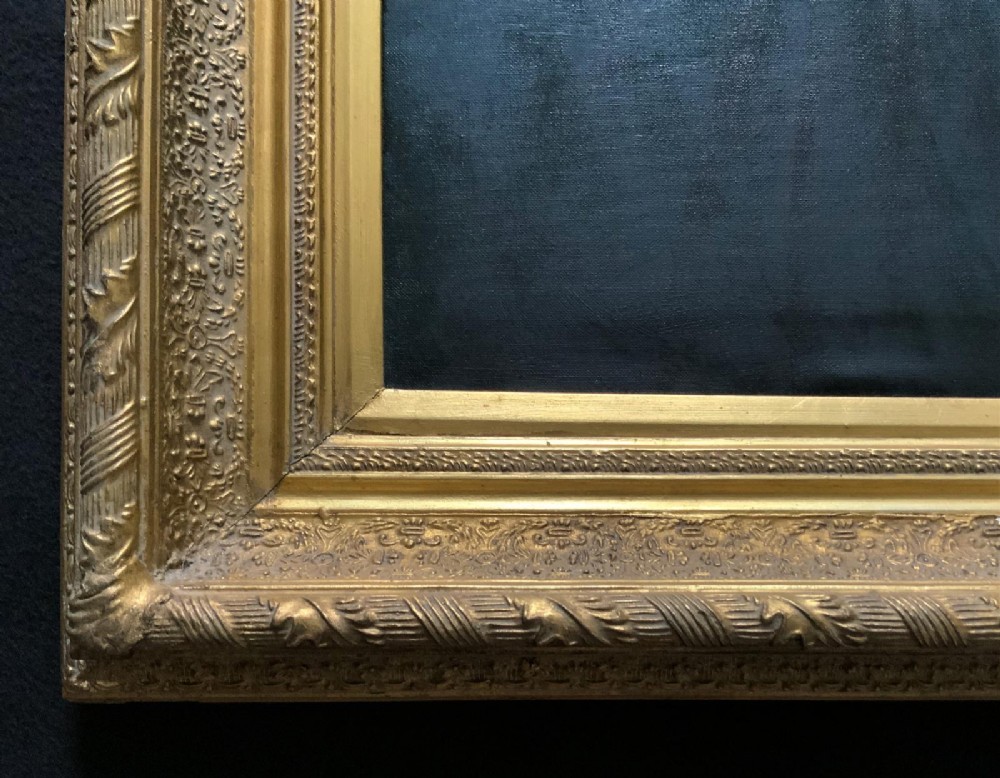 A framed oil portrait depicting a Venetian noblewoman wearing a dark gown, pearl necklace, and transparent veil, presented in a moulded gilded frame. View XI