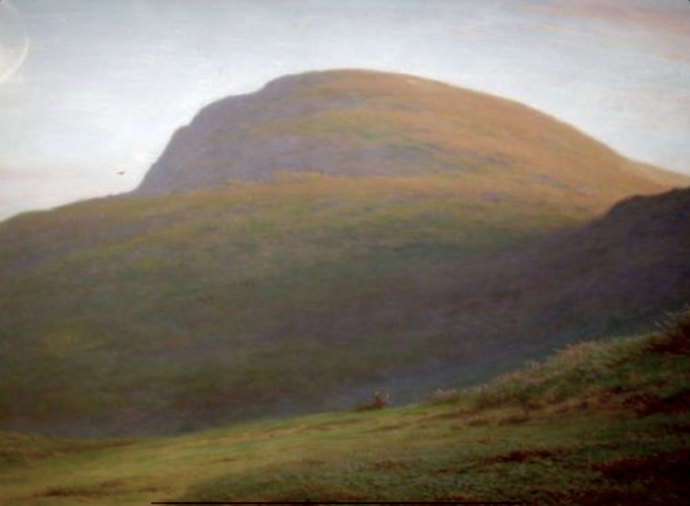 A large framed landscape painting depicting rolling green hills and deer under a muted sky within a moulded gold gilt frame. View III