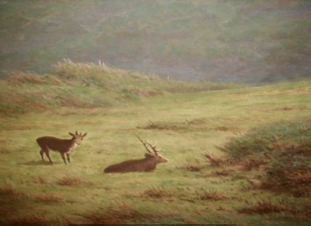 A large framed landscape painting depicting rolling green hills and deer under a muted sky within a moulded gold gilt frame. View XIII