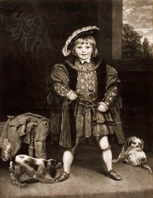 A framed black and white mezzotint print depicting a young boy in historical dress posing as Henry VIII. View IV