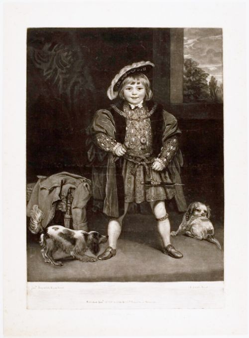 A framed black and white mezzotint print depicting a young boy in historical dress posing as Henry VIII. View V