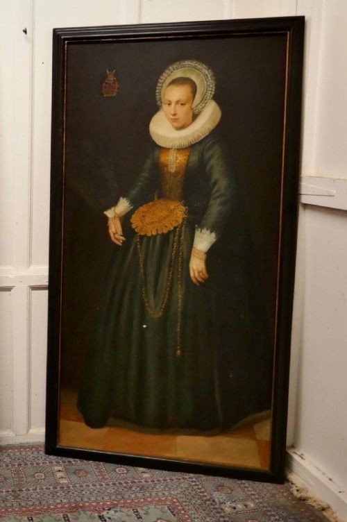 A pair of large framed full-length oil portraits depicting a man and woman in 17th-century Dutch attire with white ruff collars. View II