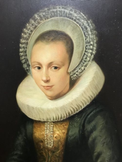 A pair of large framed full-length oil portraits depicting a man and woman in 17th-century Dutch attire with white ruff collars. View V
