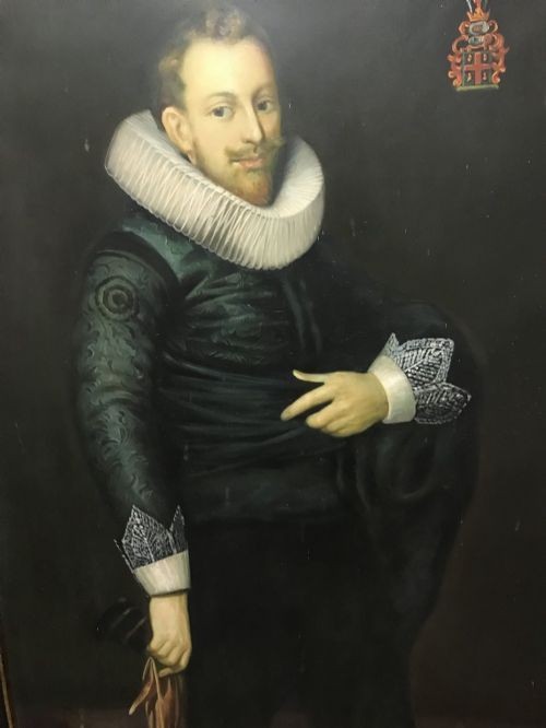 A pair of large framed full-length oil portraits depicting a man and woman in 17th-century Dutch attire with white ruff collars. View VIII