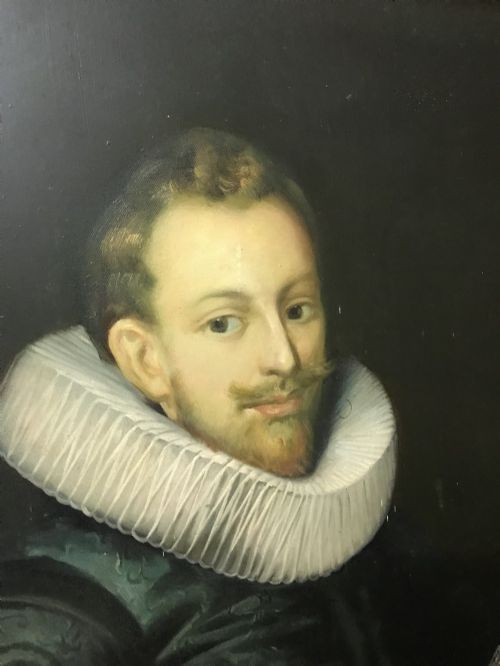 A pair of large framed full-length oil portraits depicting a man and woman in 17th-century Dutch attire with white ruff collars. View IX