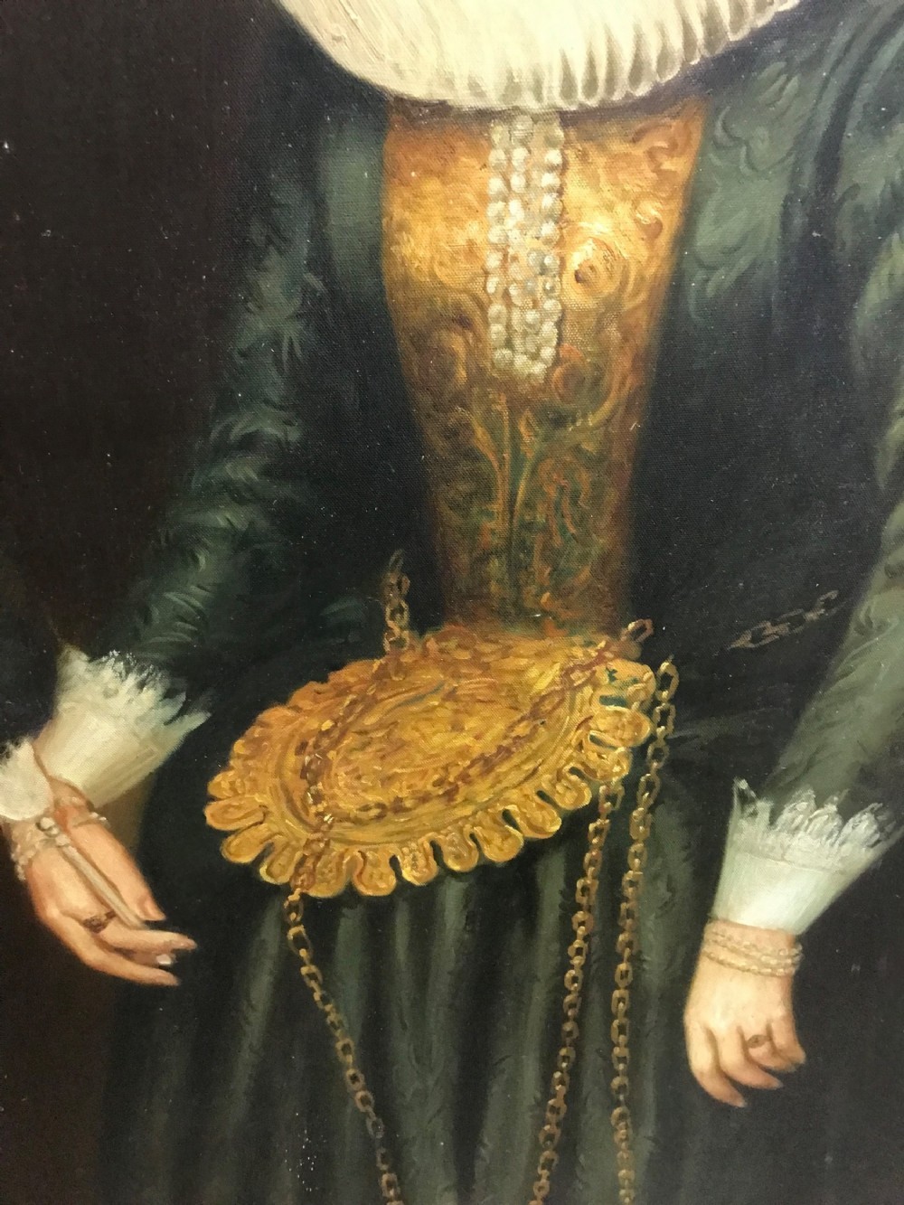 A pair of large framed full-length oil portraits depicting a man and woman in 17th-century Dutch attire with white ruff collars. View XI