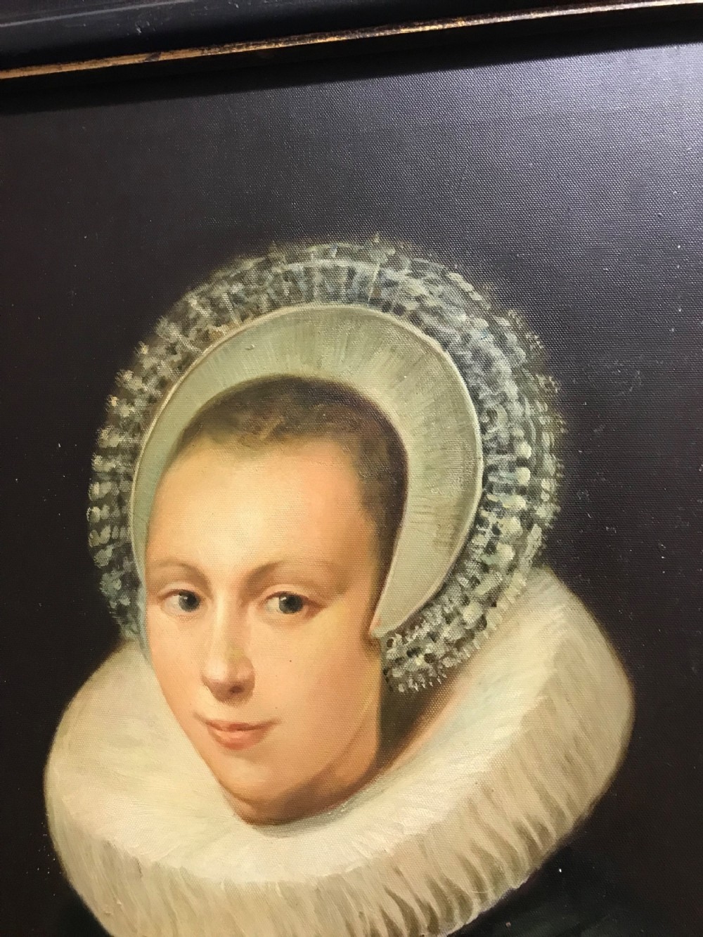 A pair of large framed full-length oil portraits depicting a man and woman in 17th-century Dutch attire with white ruff collars. View XIII