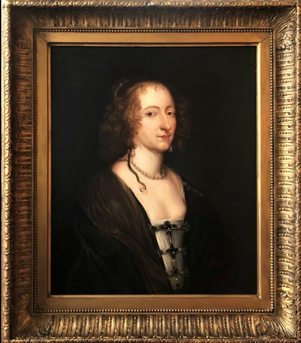 A seventeenth-century oil portrait depicting a noblewoman wearing a pearl necklace and dark drape, set within an ornate gilded frame.
