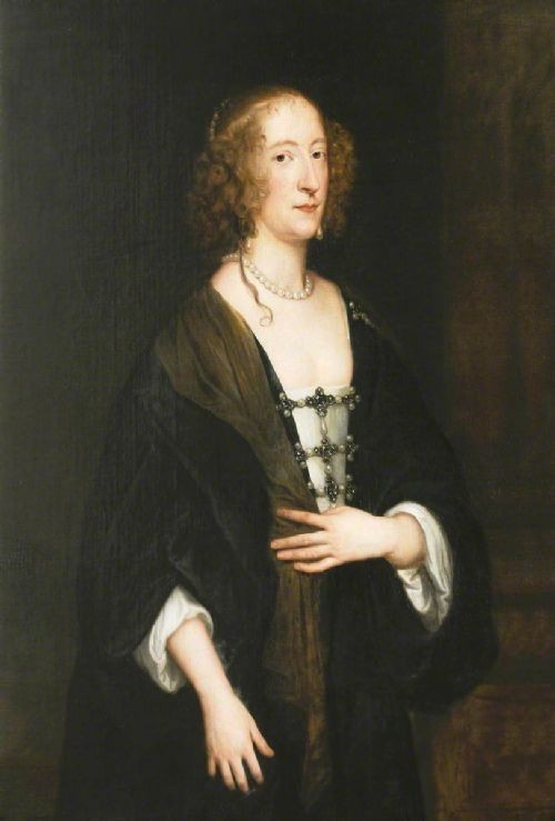 A 17th-century oil portrait depicting a noblewoman with ringlet curls wearing a dark blue gown decorated with pearls and jewelled clasps. View X