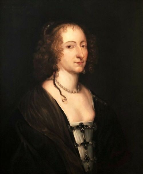A 17th-century oil portrait depicting a noblewoman with ringlet curls wearing a dark blue gown decorated with pearls and jewelled clasps. View XIV
