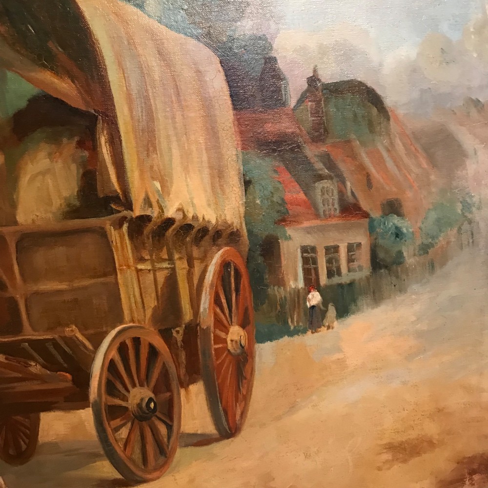 A framed oil painting depicting two brown draught horses harnessed to a covered wagon along a rural dirt road near cottages and trees. View VIII