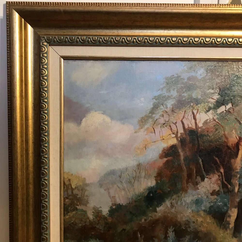 A framed oil painting depicting two brown draught horses harnessed to a covered wagon along a rural dirt road near cottages and trees. View XII