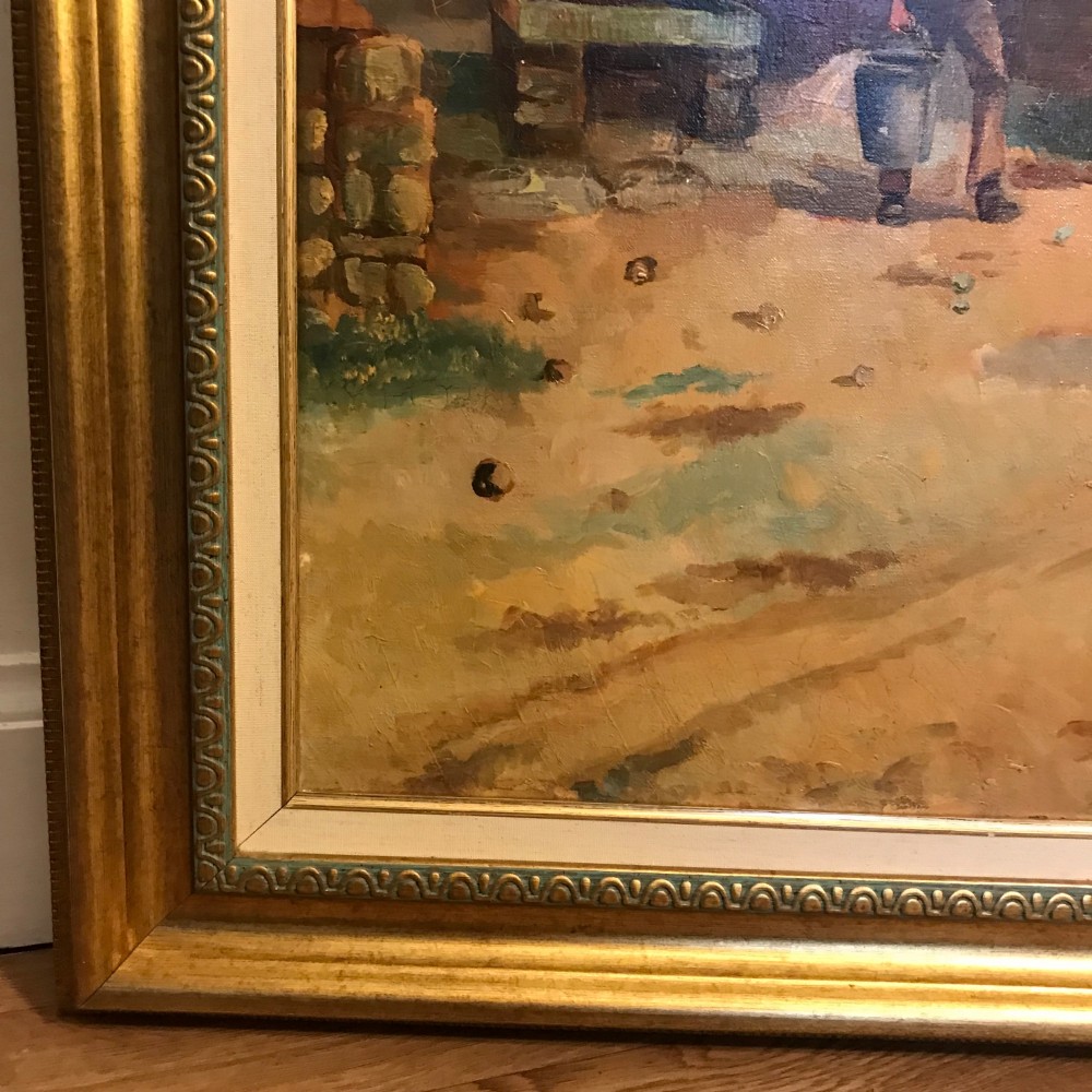 A framed oil painting depicting two brown draught horses harnessed to a covered wagon along a rural dirt road near cottages and trees. View XIII