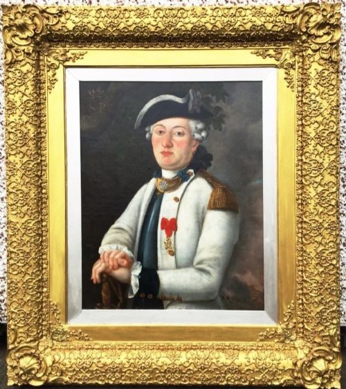 An 18th-century oil portrait of a French naval officer in uniform with gold epaulettes, set within an ornate carved gold gilt frame.