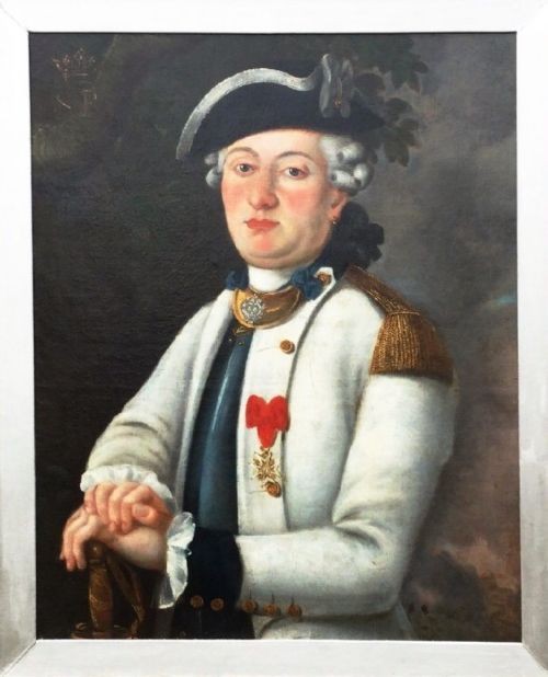 An 18th-century oil portrait of a French naval officer in uniform with gold epaulettes, set within an ornate carved gold gilt frame. View II
