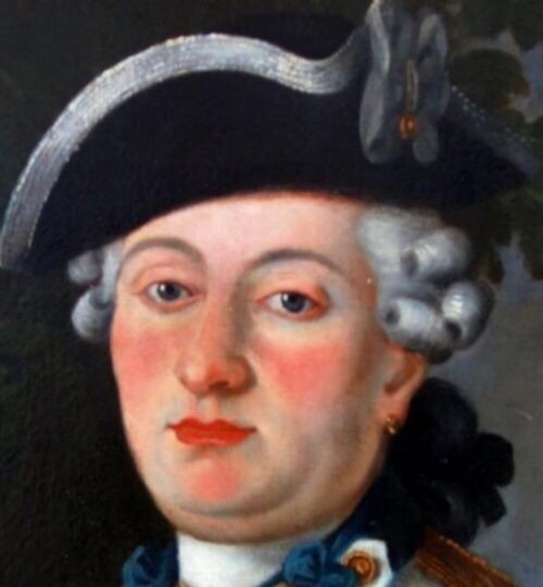 An 18th-century oil portrait of a French naval officer in uniform with gold epaulettes, set within an ornate carved gold gilt frame. View V