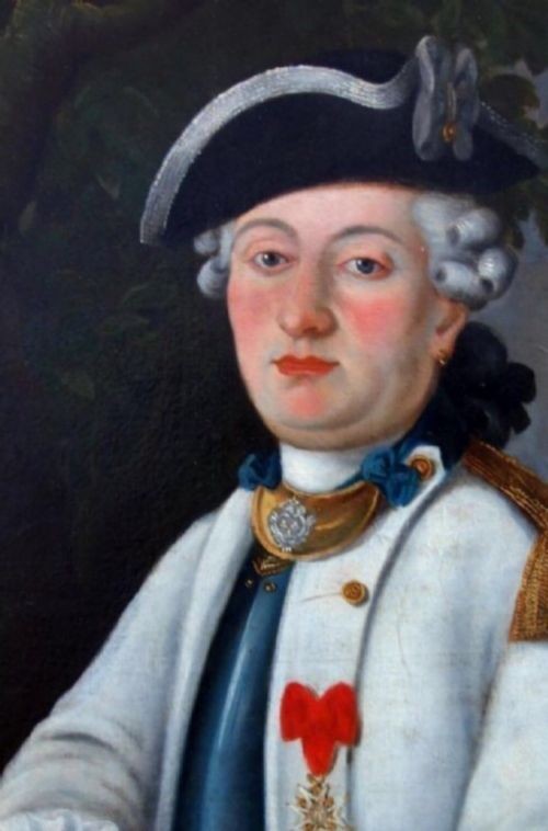An eighteenth-century oil portrait depicting a French naval officer wearing a tricorn hat, powdered wig, and military uniform. View IX