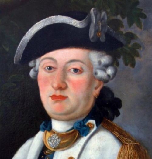 An eighteenth-century oil portrait depicting a French naval officer wearing a tricorn hat, powdered wig, and military uniform. View X