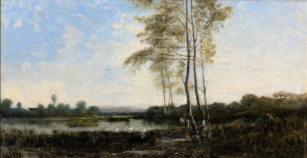A nineteenth-century French oil landscape painting depicting slender trees beside a tranquil river under a soft sky, contained within an ornate carved gilt frame. View II