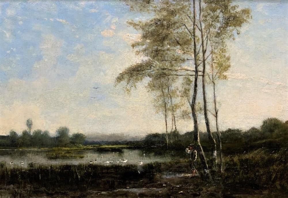 A nineteenth-century French oil landscape painting depicting slender trees beside a tranquil river under a soft sky, contained within an ornate carved gilt frame. View III
