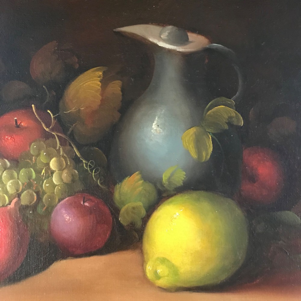 A classical still life oil painting on canvas depicting a collection of fruit, including a split pomegranate, grapes, and a lemon alongside a ceramic pitcher set against a dark background. View XIV