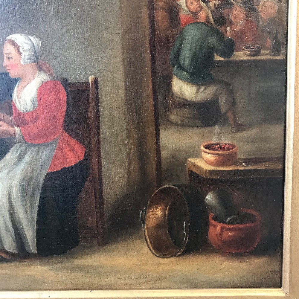 An 18th-century style oil painting depicting figures inside a tavern interior, set within a carved gold giltwood frame. View VIII