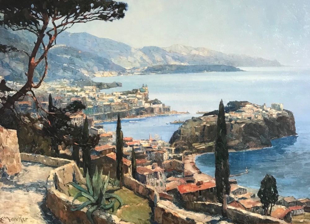 A large oil embellished textured landscape print on board depicting Monaco harbour by artist Erich Mercker. View III