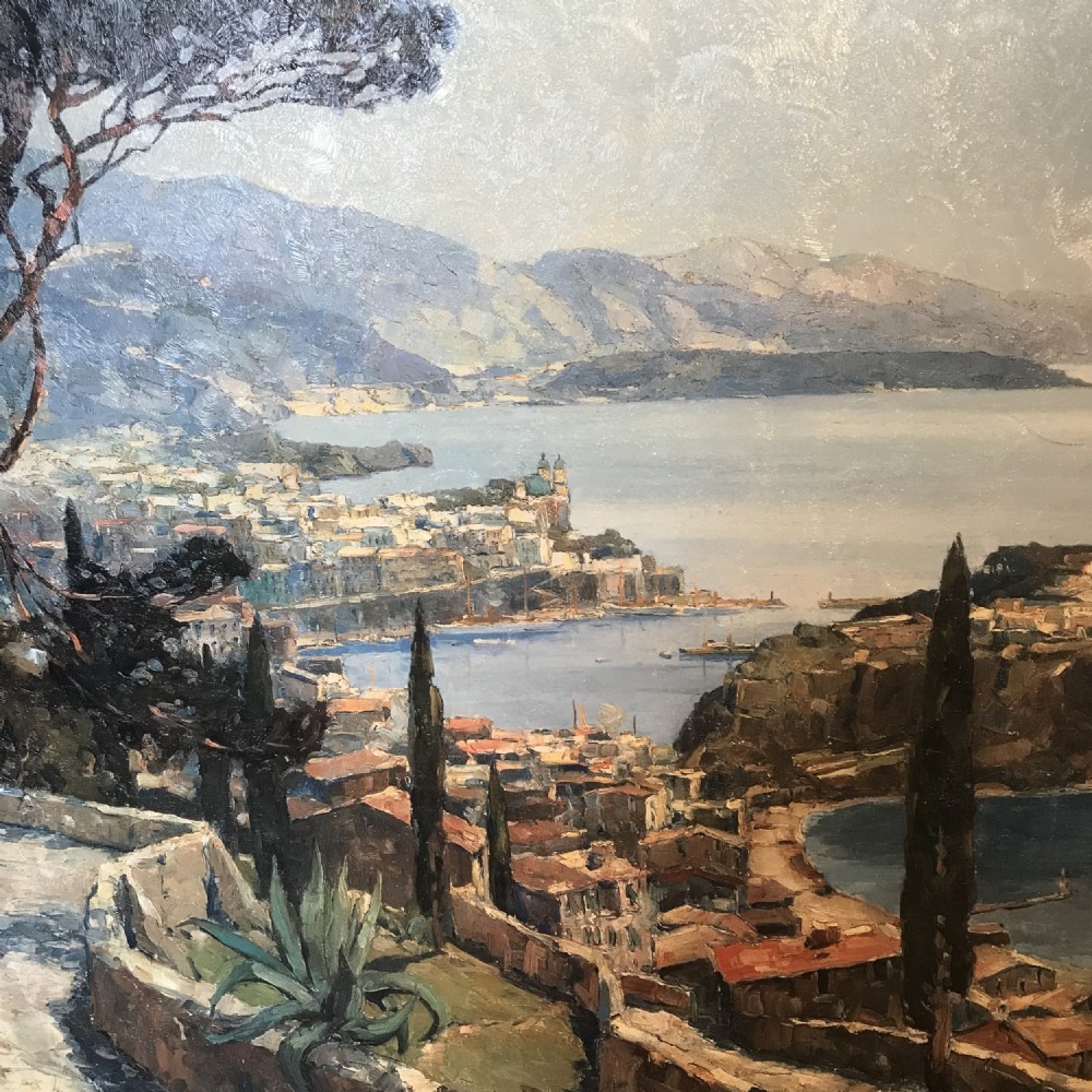 A large oil embellished textured landscape print on board depicting Monaco harbour by artist Erich Mercker. View VI