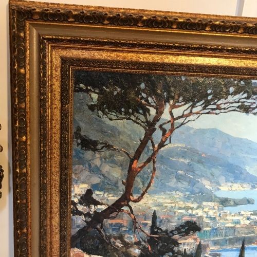 A large oil embellished textured landscape print on board depicting Monaco harbour by artist Erich Mercker. View VII