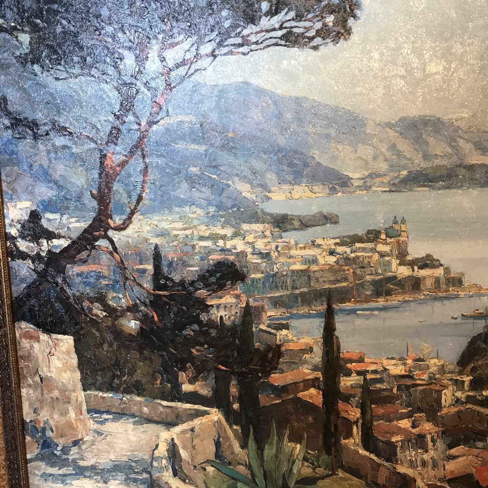 A large oil embellished textured landscape print on board depicting Monaco harbour by artist Erich Mercker. View X