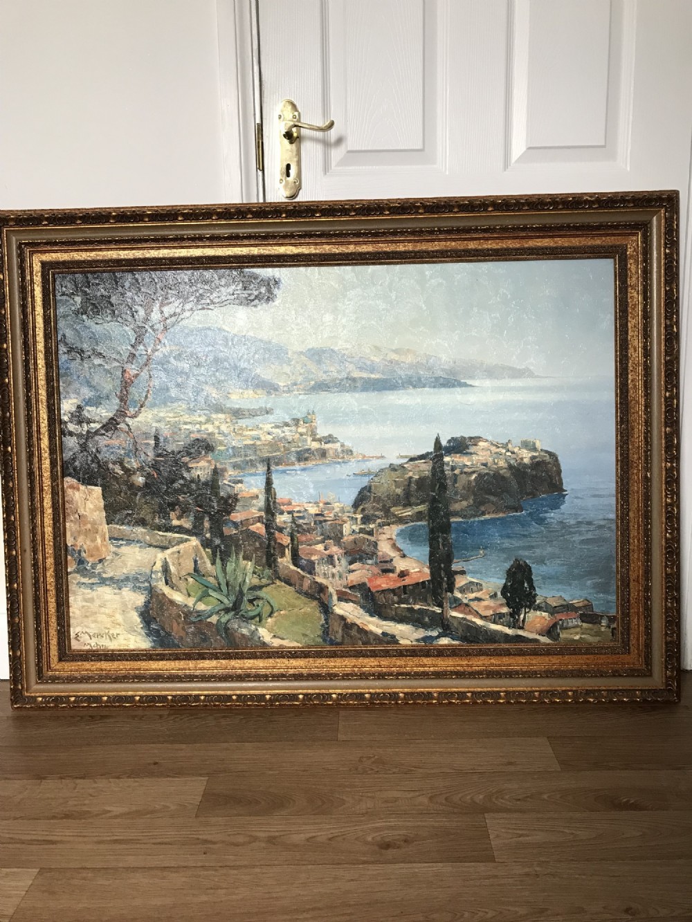 A large oil embellished textured landscape print on board depicting Monaco harbour by artist Erich Mercker. View XIII