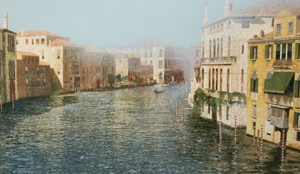 A large horizontal oil painting in a gold gilt frame depicting architectural buildings lining the Grand Canal in Venice. View III