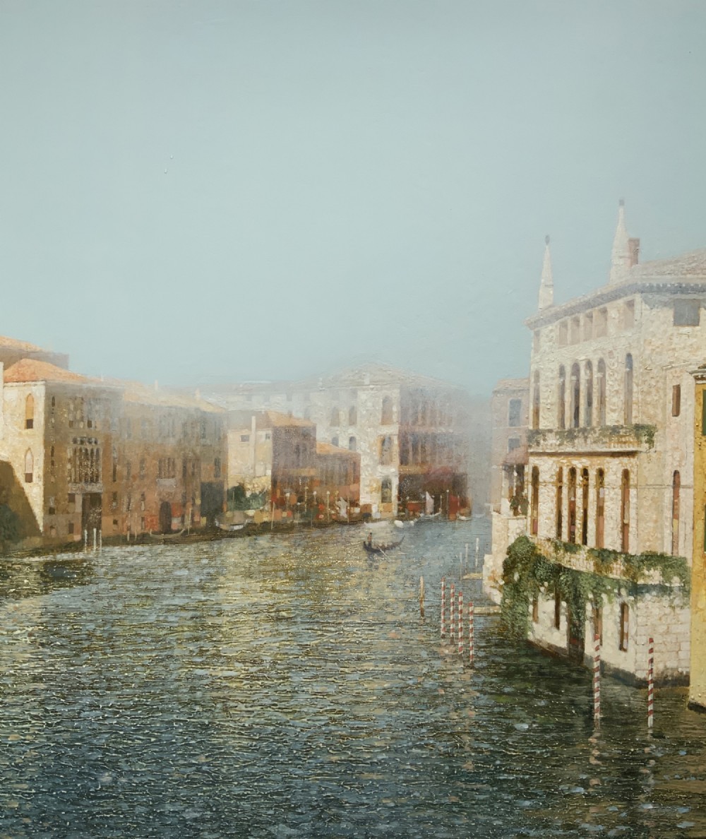 A large horizontal oil painting in a gold gilt frame depicting architectural buildings lining the Grand Canal in Venice. View V