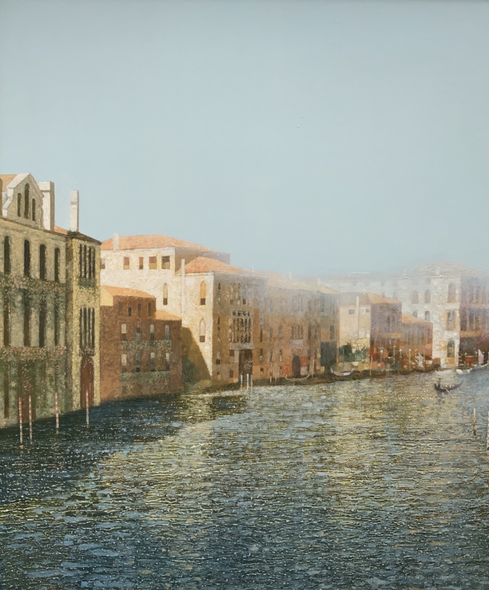 A large horizontal oil painting in a gold gilt frame depicting architectural buildings lining the Grand Canal in Venice. View VII