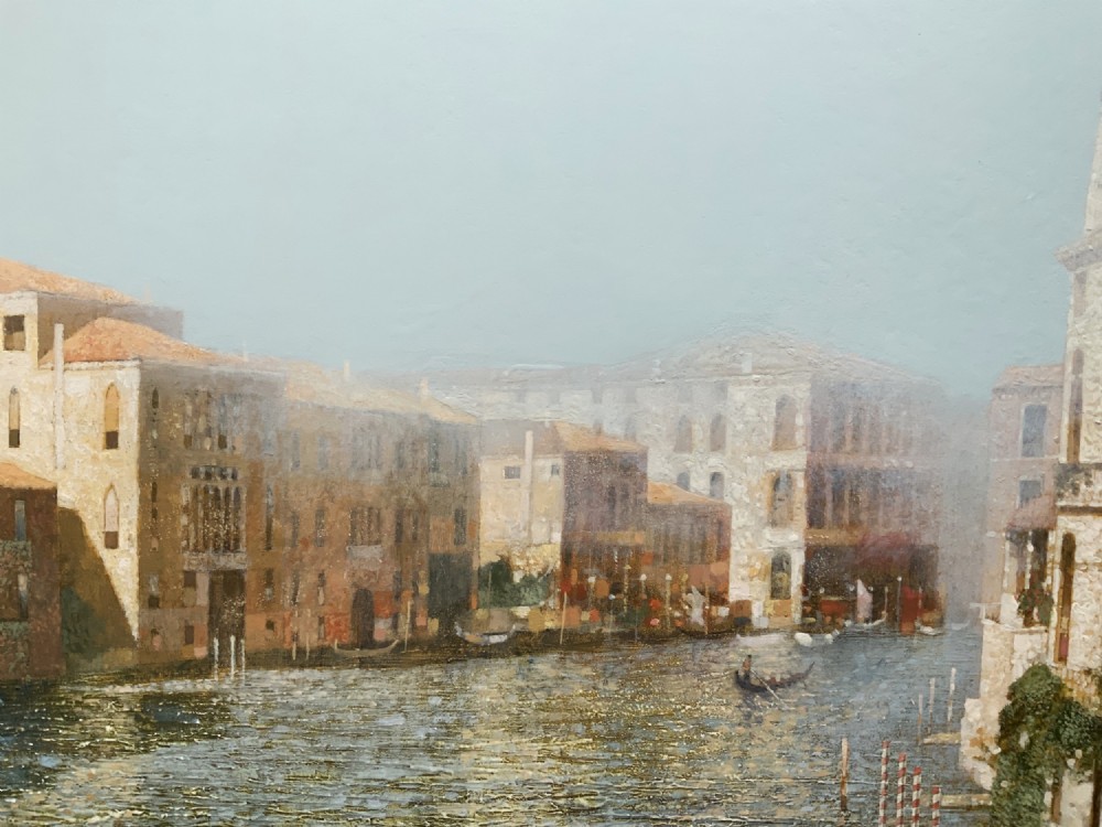A large horizontal oil painting in a gold gilt frame depicting architectural buildings lining the Grand Canal in Venice. View VIII