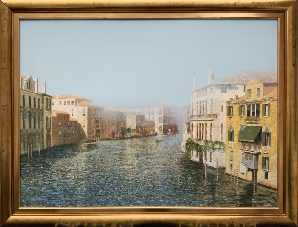 A large horizontal oil painting in a gold gilt frame depicting architectural buildings lining the Grand Canal in Venice. View XIII