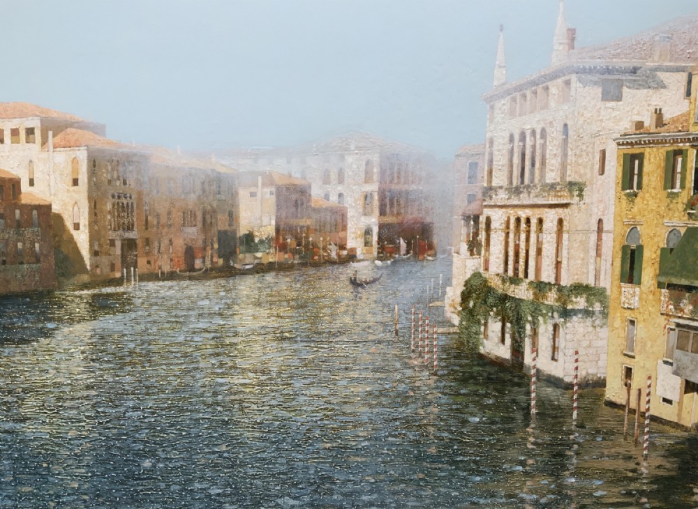 An oil painting on a wooden panel depicting Venetian palazzi along the Grand Canal under a light blue sky. View VI